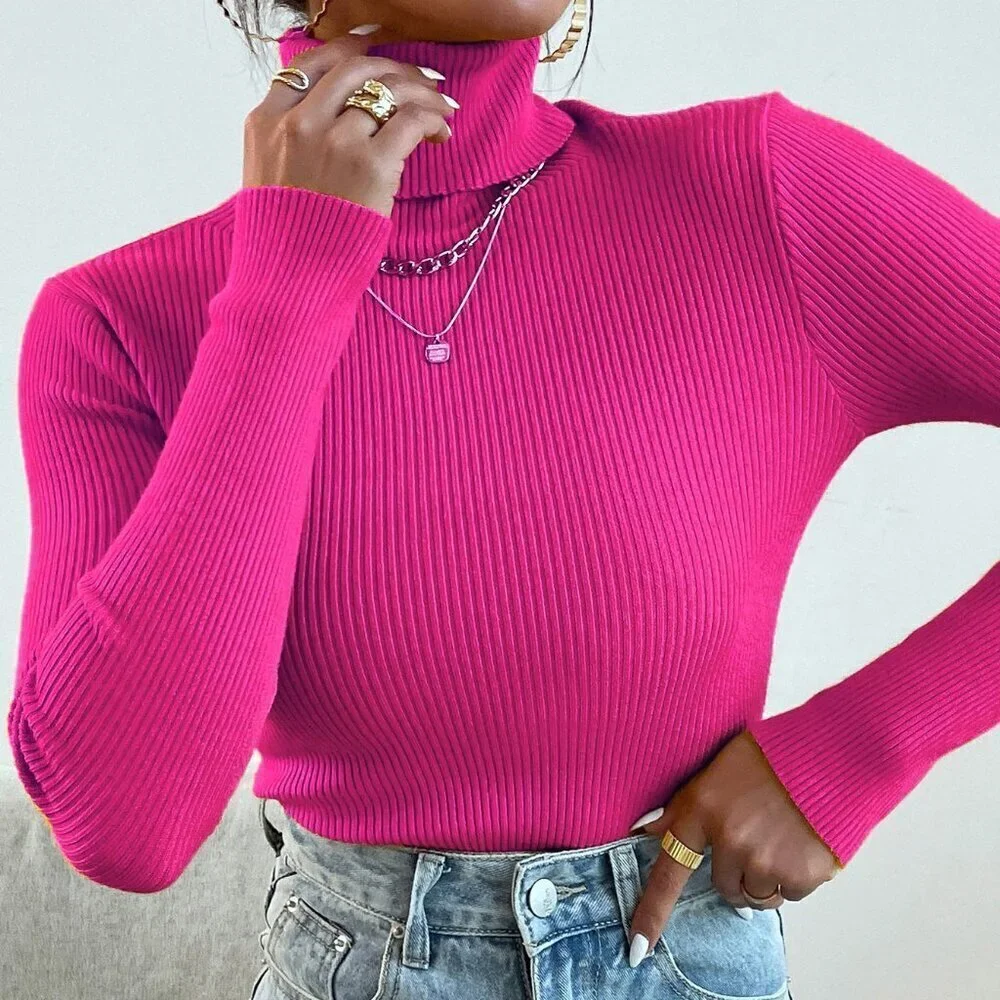 Hot Pink Casual Women's Turtleneck Ribbed Knit Long Sleeve Pullover Sweater